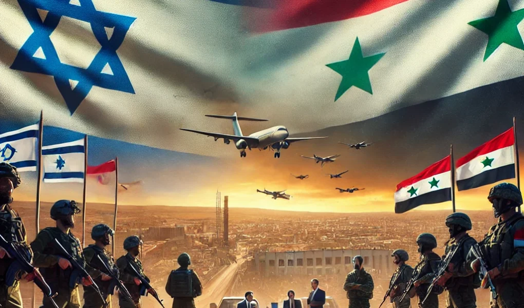 A dramatic geopolitical scene showing Israeli and Syrian flags amid rising tensions. Military personnel stand on high alert near a strategic corridor, representing the ongoing Israel-Syria conflict and hostage negotiations with Hamas.