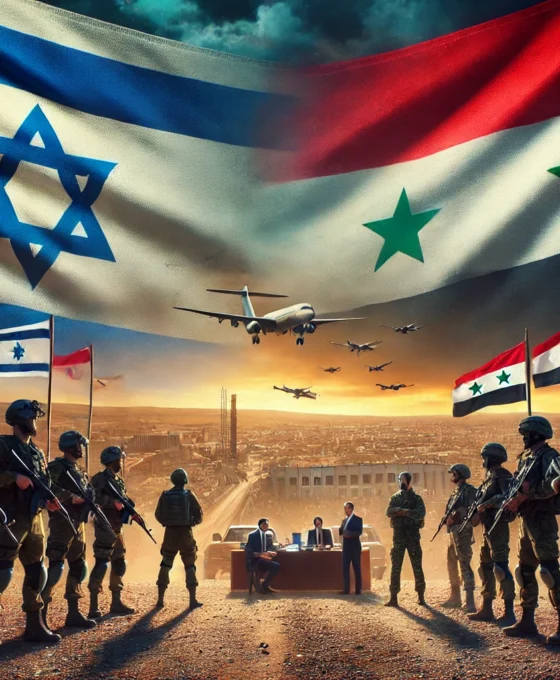 A dramatic geopolitical scene showing Israeli and Syrian flags amid rising tensions. Military personnel stand on high alert near a strategic corridor, representing the ongoing Israel-Syria conflict and hostage negotiations with Hamas.