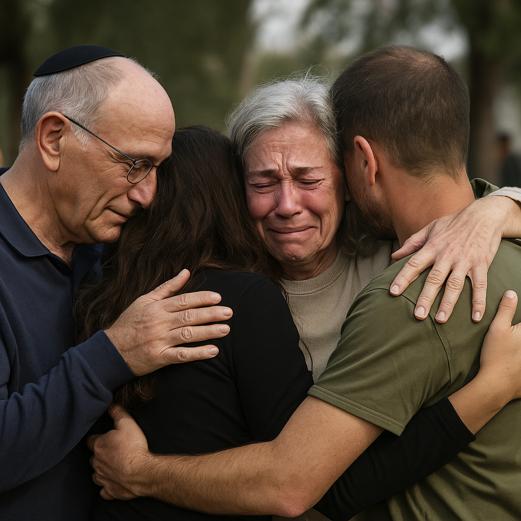 Emotional moment of Israeli hostages reuniting with their families after release from Gaza captivity.