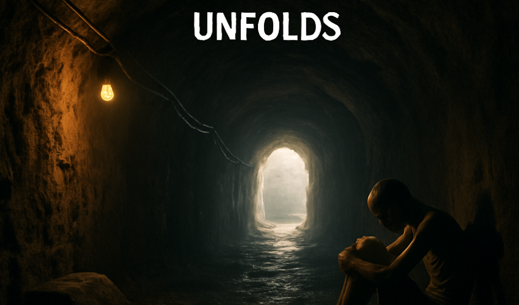 Illustration of dark underground Gaza tunnels symbolizing the humanitarian crisis endured by Israeli hostages.