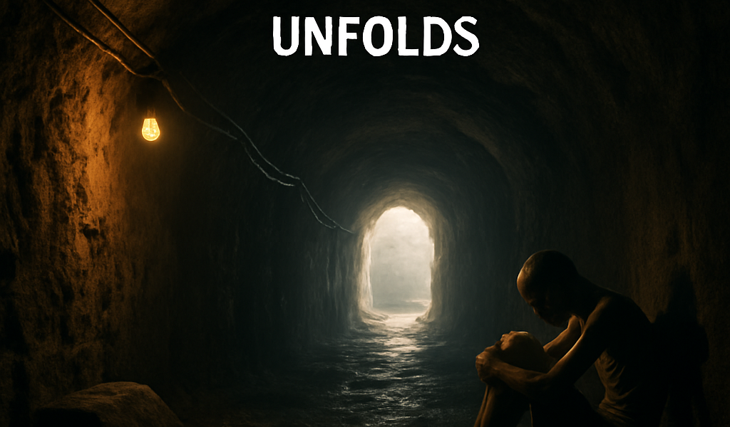 Illustration of dark underground Gaza tunnels symbolizing the humanitarian crisis endured by Israeli hostages.