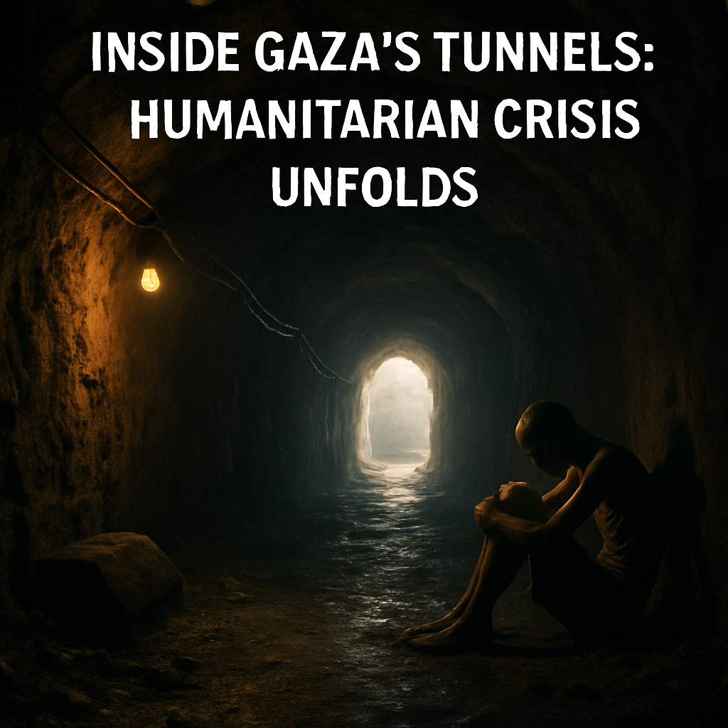 Illustration of dark underground Gaza tunnels symbolizing the humanitarian crisis endured by Israeli hostages.