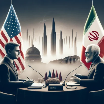 Illustration depicting diplomatic negotiations between the United States and Iran in Rome, with nuclear symbols in the background