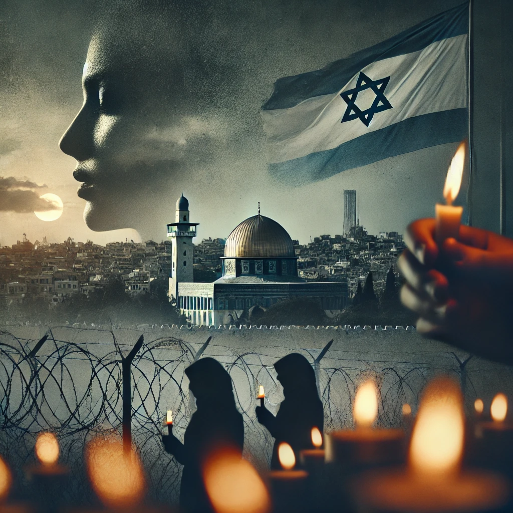 Candlelight vigil symbolizing the Gaza hostage crisis, with blurred figures holding candles and background imagery of barbed wire and Middle Eastern symbols.