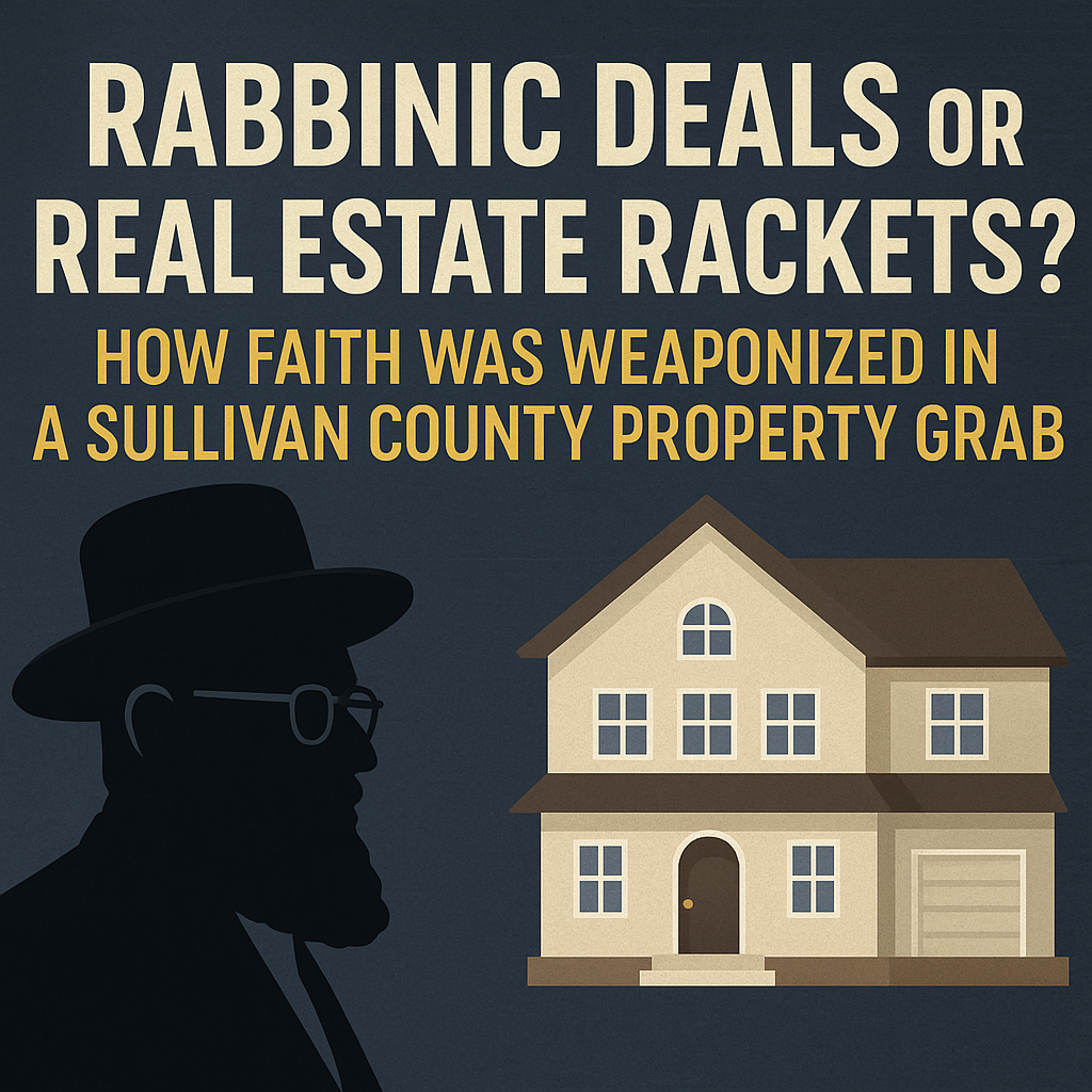 Illustration of a Hasidic rabbi silhouette beside a beige suburban house, representing religious influence in a Sullivan County property dispute.